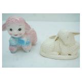 Vintage Rubens Original Pink and Blue Anthropomorphic Curly Ceramic Lamb Planter; Vintage MCM Ceramic Pottery Lamp Sheep Planter with Cream Glaze and Gold Accents