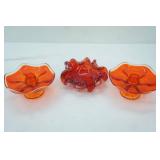 Vintage Viking Glass Epic Six Petal Candle Holders Persimmon/amberina; MCM Murano floriform bowl in red glass with controlled bubbles