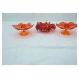 Vintage Viking Glass Epic Six Petal Candle Holders Persimmon/amberina; MCM Murano floriform bowl in red glass with controlled bubbles