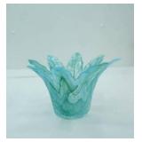 Lavorazione Murano-Style Blue Swirl Petal Glass Candle Holder or Bowl 7" wide by 4" tall