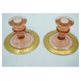 Vintage Pink Depression Glass Candle Holders with Gold Trim