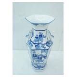 Chinese Blue and White Hexagonal Porcelain Vase with Figural Scenes and handles. 13" tall