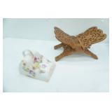 Hand-Carved Wooden Book Stand & Antique Porcelain Cheese Server or Butter Keeper