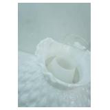 Pair of Hurricane-Style Lamps. Featuring a white, diamond quilted milk glass shade