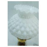 Pair of Hurricane-Style Lamps. Featuring a white, diamond quilted milk glass shade