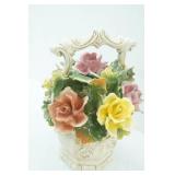 Vintage Capodimonte Porcelain Floral Basket Centerpiece. Made in Italy. 13.5" tall