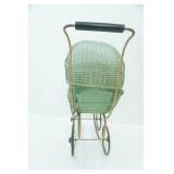 Vintage Green Wicker Doll Buggy / Stroller, Metal spoke wheels,21" x 26" x 11"