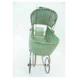 Vintage Green Wicker Doll Buggy / Stroller, Metal spoke wheels,21" x 26" x 11"