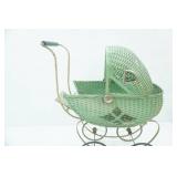 Vintage Green Wicker Doll Buggy / Stroller, Metal spoke wheels,21" x 26" x 11"