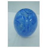 Large Hand Blown Glass Vase Featuring a Blue and White Swirl pattern. 9.5" tall