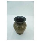 Etched Black Enameled Brass Vase. Vintage Indian