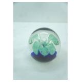 Art Glass Globe Orb Paperweight w/green flower and cobalt blue base