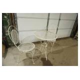 Mid Century White Iron Round Garden Table and Chairs. Wrought Iron