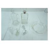 Vintage Crystal Decanter, Etched Glass Romanian Crystal Decanter, Pyrex Pie Plate, Decanter Stoppers