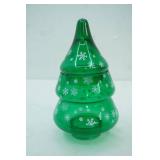 Vintage Green Glass Christmas Tree Jar. Rite Aid "Home for the Holidays"