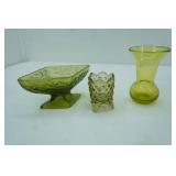 Vintage Indiana Green Glass Diamond-Shaped Pedestal Candy Dish "Daisy Blossom" pattern; Fenton Colonial Green Hobnail Side Spikes Toothpick Holder; Vintage Hand-Blown crackle glass bud vase in lime gr