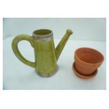 Sullivan Decorative Pottery water pitcher, clay flower pot and saucer