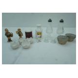 Vintage Crystal Salt & Pepper Shakers, Vintage Silver-Plated Sugar and Creamer Set w/open work metal holders and glass insert