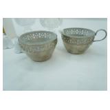 Vintage Crystal Salt & Pepper Shakers, Vintage Silver-Plated Sugar and Creamer Set w/open work metal holders and glass insert