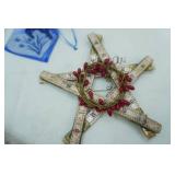 Decorative Vintage Wooden Tape Measure Star, Minster Giftware Teapot House Collectible Figurine, Porcelain Blue Transferware Heart Ornament, Department 56 Snowbunnies Collection Porcelain Bisque Squir