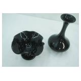 Fenton Art Glass Dolphin Black Round Crimped Rim Compote Candy Dish; Black Amethyst Glass Bud Vase