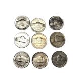 Mixed lot of old coins. It includes silver five-cent coins from the 1940s to the 1960s and two error pennies.