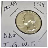 1964 George Washington Quarter - MS-69 grade, DDO, I.G.W.T