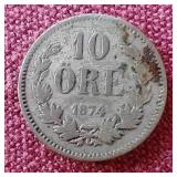 1874 Sweden 10 Ore Silver Coin