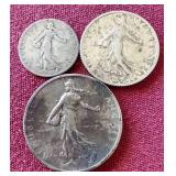 (3) Early 1900s Silver French Coins - 50 Centimes, 1 Franc, 2 Franc