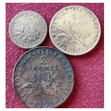 (3) Early 1900s Silver French Coins - 50 Centimes, 1 Franc, 2 Franc