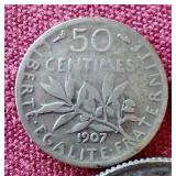 (3) Early 1900s Silver French Coins - 50 Centimes, 1 Franc, 2 Franc