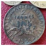 (3) Early 1900s Silver French Coins - 50 Centimes, 1 Franc, 2 Franc