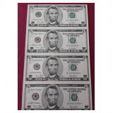 Uncut Strip of (4) 2003 $5 Star Notes - Very Cool!