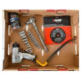 Box of Misc Hand Tools, Sockets, Saw Blade, Bungee Cords