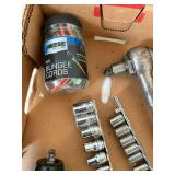 Box of Misc Hand Tools, Sockets, Saw Blade, Bungee Cords