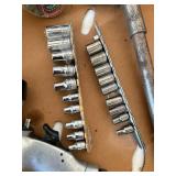 Box of Misc Hand Tools, Sockets, Saw Blade, Bungee Cords