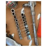 Box of Misc Hand Tools, Sockets, Saw Blade, Bungee Cords