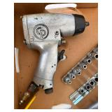 Box of Misc Hand Tools, Sockets, Saw Blade, Bungee Cords