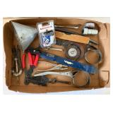 Box of Misc Tools Including Funnel, Pliers, Hole Saw, and More