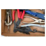 Box of Misc Tools Including Funnel, Pliers, Hole Saw, and More