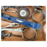 Box of Misc Tools Including Funnel, Pliers, Hole Saw, and More