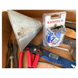 Box of Misc Tools Including Funnel, Pliers, Hole Saw, and More