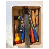 Box of Misc Hand Tools, Pliers, Chisels, Screwdrivers, Pry Bar