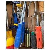 Box of Misc Hand Tools, Pliers, Chisels, Screwdrivers, Pry Bar