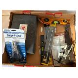 Box of Misc Hand Tools Helicoil Repair Set, Compression Connector, Bostitch Level, Stanley Carbide Rod Saw, and More
