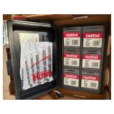 Box of Misc Hand Tools Helicoil Repair Set, Compression Connector, Bostitch Level, Stanley Carbide Rod Saw, and More