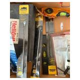 Box of Misc Hand Tools Helicoil Repair Set, Compression Connector, Bostitch Level, Stanley Carbide Rod Saw, and More