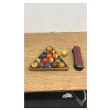 Vintage Billiard Ball Set with Wooden Triangle Rack and Brush