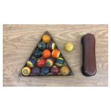 Vintage Billiard Ball Set with Wooden Triangle Rack and Brush