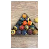 Vintage Billiard Ball Set with Wooden Triangle Rack and Brush